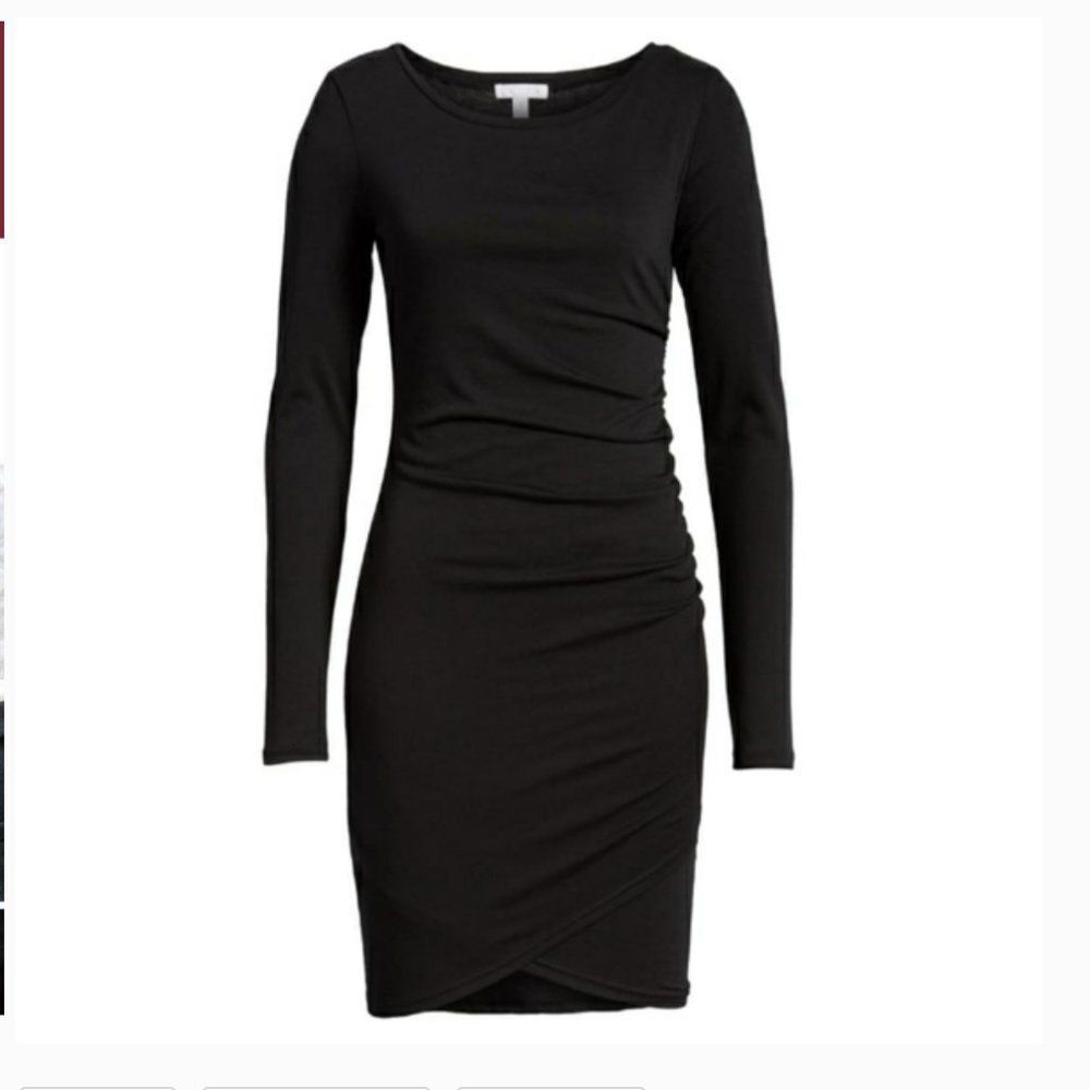 Leith Black Long Sleeve Bodycon Mini Dress Ruched Date Night XS Like New